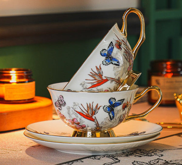 Ceramic Coffee Cups in Gift Box, Butterfly Pattern Porcelain Tea Cup and Saucer Set, British Traditional Afternoon Tea Cup and Saucer Set-ArtWorkCrafts.com