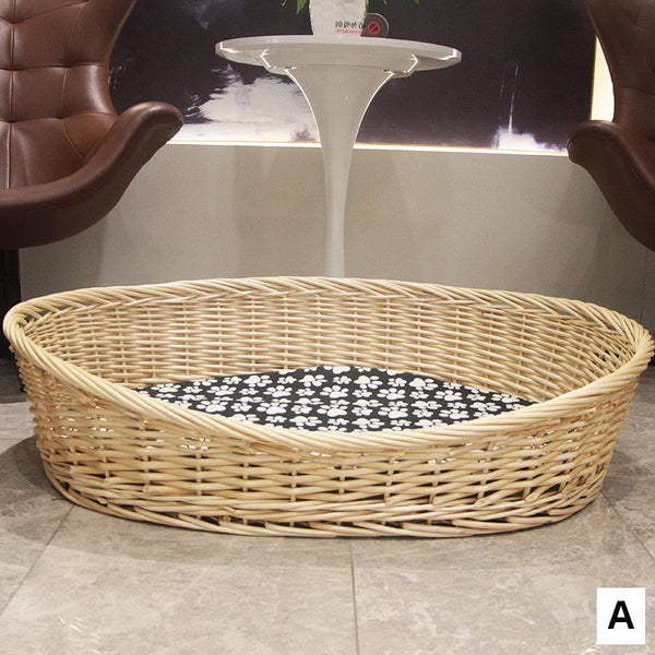 Natural Wicker Dog Bed with Washable Cushion for Indoor Cats and Dogs, Hand woven Rattan Cat Beds-ArtWorkCrafts.com