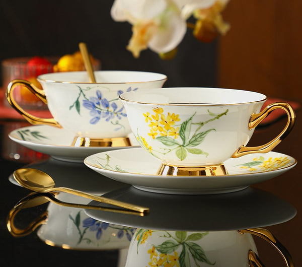 Porcelain Tea Cup Saucer Set, Unique Tea Cup and Saucer in Gift Box, 7.4 oz Floral Ceramic Coffee Cup with Saucer, Beautiful British Tea Cup and Saucer-ArtWorkCrafts.com