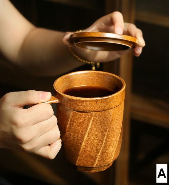Creative Brown Green Blue Black Ceramic Coffee Mugs, Large Modern Handmade Pottery Coffee Cup, Large Unique Tea Cup, Large Capacity Coffee Mug with Cover-ArtWorkCrafts.com