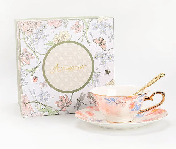 Flower Porcelain Tea Cup Saucer Set, Unique Tea Cup and Saucer in Gift Box,British Royal Ceramic Cups for Traditional Afternoon Tea, Elegant Ceramic Coffee Cups-ArtWorkCrafts.com