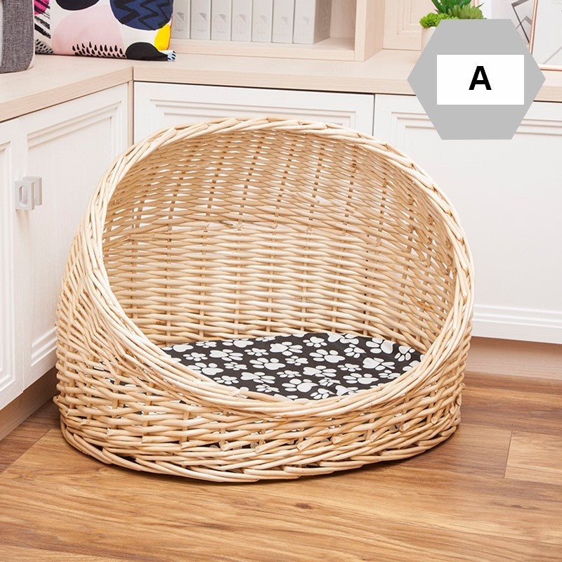 Natural Wicker Cat House Basket with Washable Cushion for Indoor Cats and Dogs, Hand woven Rattan Cat Bed-ArtWorkCrafts.com