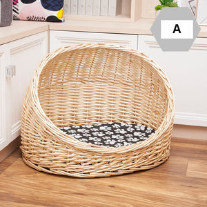 Natural Wicker Cat House Basket with Washable Cushion for Indoor Cats and Dogs, Hand woven Rattan Cat Bed-ArtWorkCrafts.com