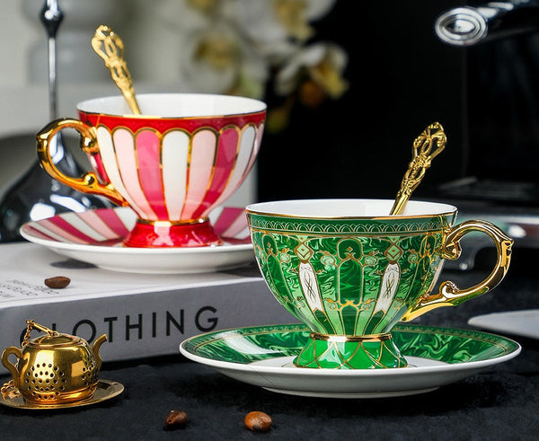 Elegant Ceramic Coffee Cups, Beautiful British Tea Cup with Saucer, 8 Ounce Porcelain Tea Cup Saucer Set of 2 Cups, Unique Tea Cup and Saucer in Gift Box as Birthday Gift-ArtWorkCrafts.com