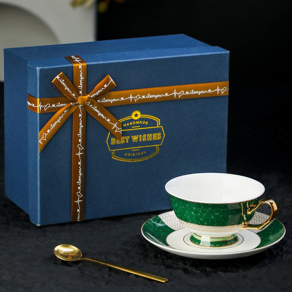 Porcelain Tea Cup and Saucer Set, British Ceramic Tea Cup and Saucer Set, Elegant Green Coffee Cups, British Royal Tea Cup and Saucer Set in Gift Box-ArtWorkCrafts.com