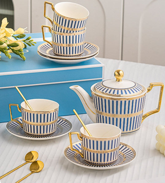 Elegant Ceramic Tea Cup and Saucer Set with Teapot, Modern Coffee Cup with Saucer, Creative Porcelain Tea Cup and Saucer Set, British Tea Cup Set-ArtWorkCrafts.com