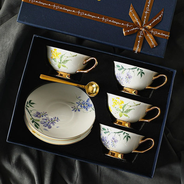 Porcelain Tea Cup Saucer Set, Unique Tea Cup and Saucer in Gift Box, Floral Ceramic Coffee Cup with Saucer, Beautiful British Tea Cup and Saucer-ArtWorkCrafts.com