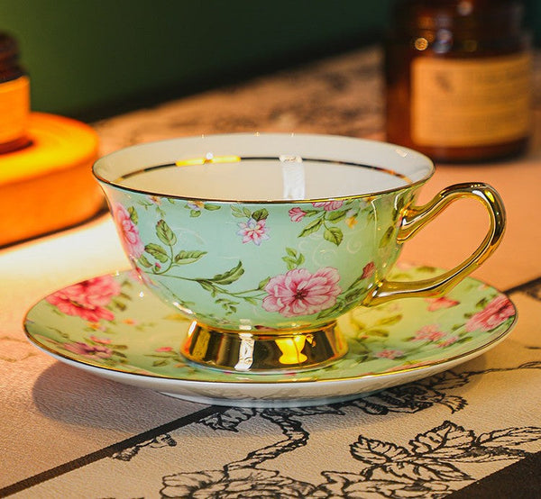 Floral Porcelain Tea Cup and Saucer Set, Afternoon British Tea Cup with Saucer, Traditional English Tea Cup and Saucer Set, Ceramic Coffee Cup with Saucer-ArtWorkCrafts.com