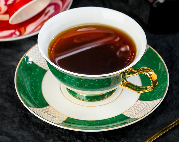 Porcelain Tea Cup and Saucer Set, British Ceramic Tea Cup and Saucer Set, Elegant Green Coffee Cups, British Royal Tea Cup and Saucer Set in Gift Box-ArtWorkCrafts.com