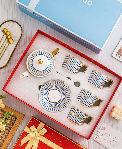 Elegant Ceramic Tea Cup and Saucer Set with Teapot, Modern Coffee Cup with Saucer, Creative Porcelain Tea Cup and Saucer Set, British Tea Cup Set-ArtWorkCrafts.com