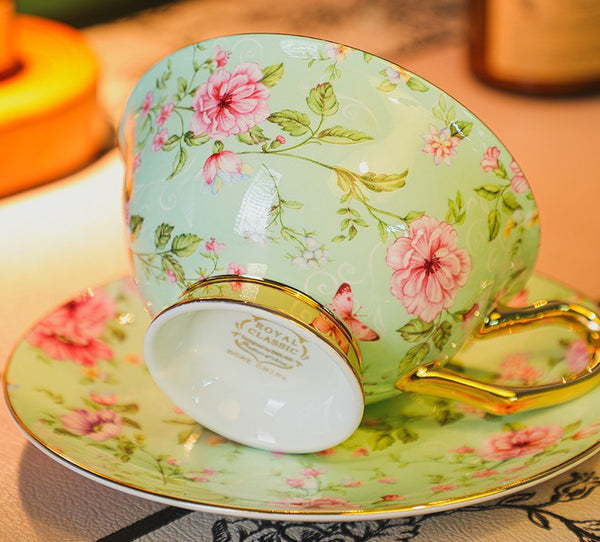 Floral Ceramic Coffee Cup with Saucer, Creative Porcelain Tea Cup Saucer Set, Unique Tea Cup and Saucer in Gift Box, Beautiful British Tea Cup and Saucer-ArtWorkCrafts.com