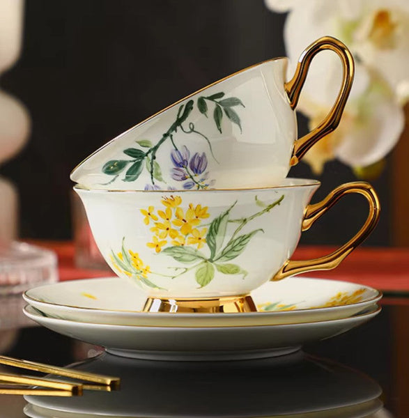 Unique Tea Cup and Saucer in Gift Box, Floral Ceramic Coffee Cup with Saucer, 7.4 oz British Tea Cup and Saucer, Porcelain Tea Cup Saucer Set-ArtWorkCrafts.com