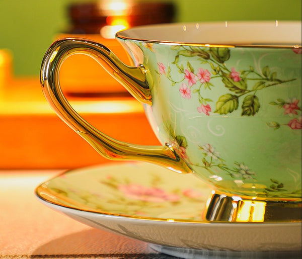Floral Porcelain Tea Cup and Saucer Set, Afternoon British Tea Cup with Saucer, Traditional English Tea Cup and Saucer Set, Ceramic Coffee Cup with Saucer-ArtWorkCrafts.com