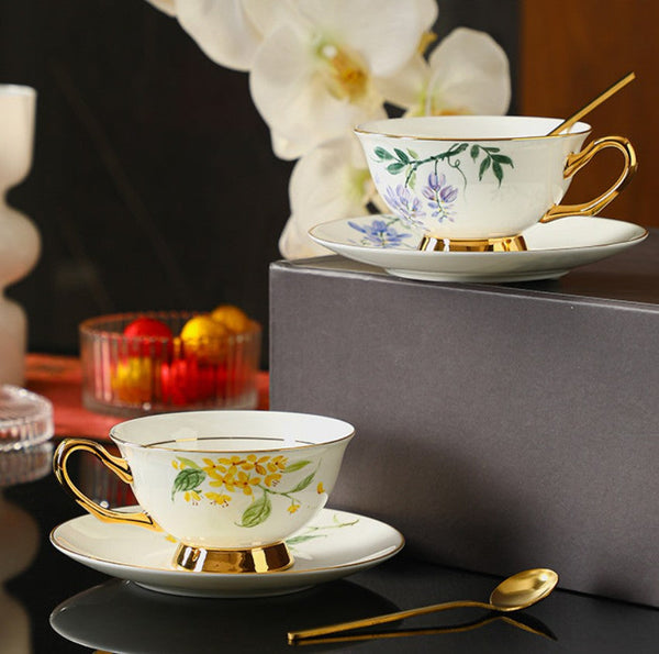 Porcelain Tea Cup Saucer Set, Unique Tea Cup and Saucer in Gift Box, 7.4 oz Floral Ceramic Coffee Cup with Saucer, Beautiful British Tea Cup and Saucer-ArtWorkCrafts.com