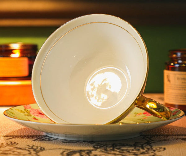 Floral Porcelain Tea Cup and Saucer Set, Afternoon British Tea Cup with Saucer, Traditional English Tea Cup and Saucer Set, Ceramic Coffee Cup with Saucer-ArtWorkCrafts.com