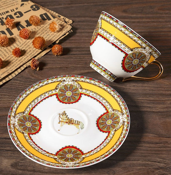 Handmade Beautiful British Tea Cups, Creative Bone China Porcelain Tea Cup Set, Yellow Royal Ceramic Coffee Cups, Unique Tea Cups and Saucers-ArtWorkCrafts.com