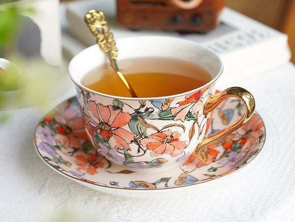 Elegant Ceramic Coffee Cups, Flower Porcelain Tea Cup Saucer Set, British Royal Ceramic Cups for Traditional Afternoon Tea, Unique Tea Cup and Saucer in Gift Box-ArtWorkCrafts.com