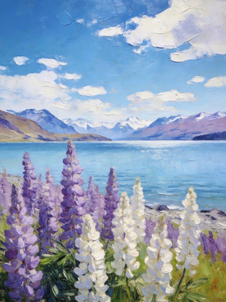 Lupines in Full Bloom by the Lake, Hand Painted Canvas Art, Small Oil Paintings, Original Canvas Paintings, Landscape Paintings for Bedroom, Buy Paintings Online-ArtWorkCrafts.com