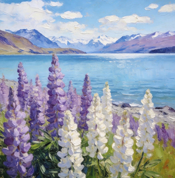 Lupines in Full Bloom by the Lake, Hand Painted Canvas Art, Small Oil Paintings, Original Canvas Paintings, Landscape Paintings for Bedroom, Buy Paintings Online-ArtWorkCrafts.com