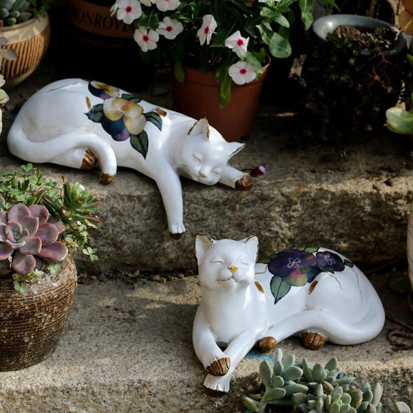 Lovely Cat Statue for Garden Ornament, Sleeping Cats Resin Statues, Garden Courtyard Decoration, Villa Outdoor Decor Gardening Ideas, House Warming Gift-ArtWorkCrafts.com