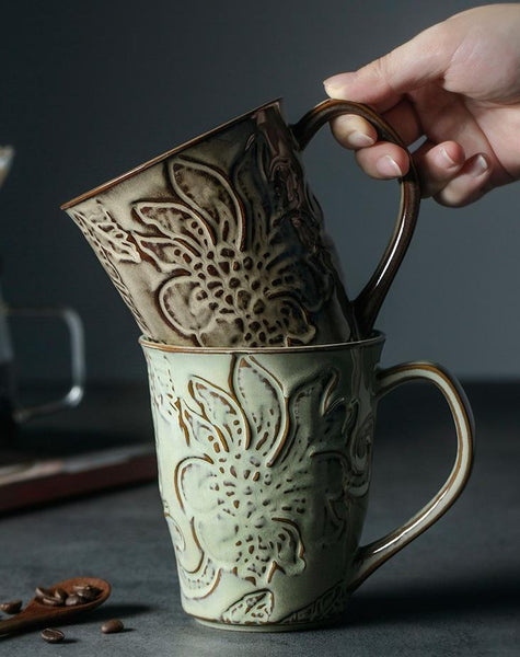 Green Ceramic Coffee Mug, Birthday Gifts, Stoneware Coffee Mugs, Handmade Pottery Coffee Mug, Large Capacity Coffee Cups-ArtWorkCrafts.com