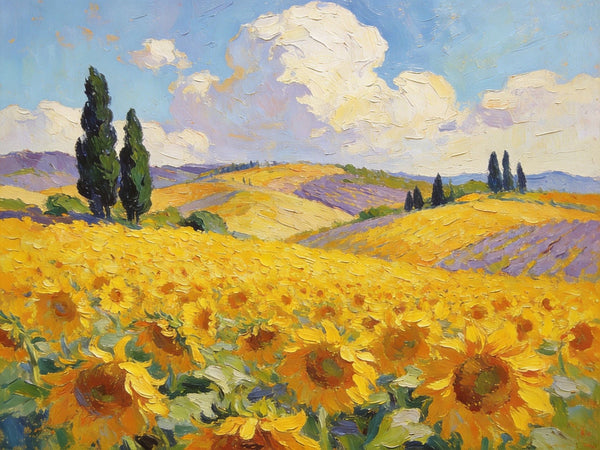 Landscape Canvas Paintings, Scenic Provence Sunflower Field Landscape, Original Landscape Paintings, Buy Paintings Online, Hand Painted Canvas Art-ArtWorkCrafts.com