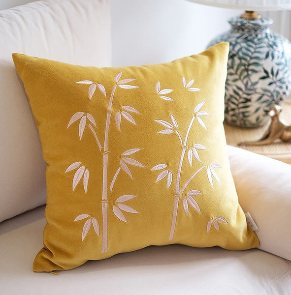 Large Decorative Pillows for Couch, Modern Throw Pillows for Bedroom, Living Room Decorative Pillows, Yellow Embroidered Bamboo Cushion, Decorative Pillow Arrangement Ideas for Couch-ArtWorkCrafts.com