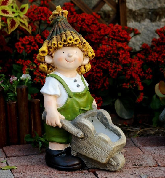 Large Boy Cart and Girl Carry Basket Statues, Flower Pot, Garden Courtyard Ornament, Gardening Ideas, House Warming Gift-ArtWorkCrafts.com