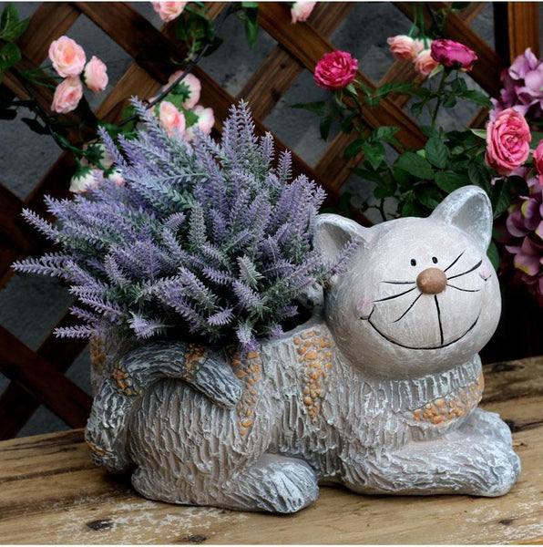 Large Cat Statue, Sitting Cat Flower Pot Statue, Pet Statue for Garden Courtyard Ornaments, Villa Outdoor Decor Gardening Ideas-ArtWorkCrafts.com