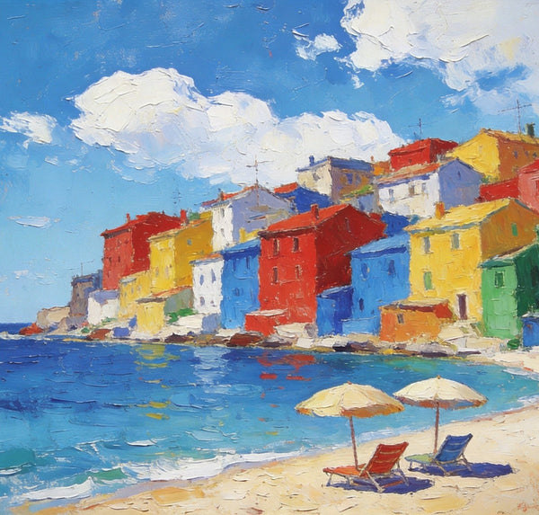 Small Landscape Paintings on Canvas, Coastal Town Charming Landscape, Landscape Canvas Paintings, Hand Painted Canvas Art, Heavy Texture Oil Paintings, Original Oil Paintings-ArtWorkCrafts.com