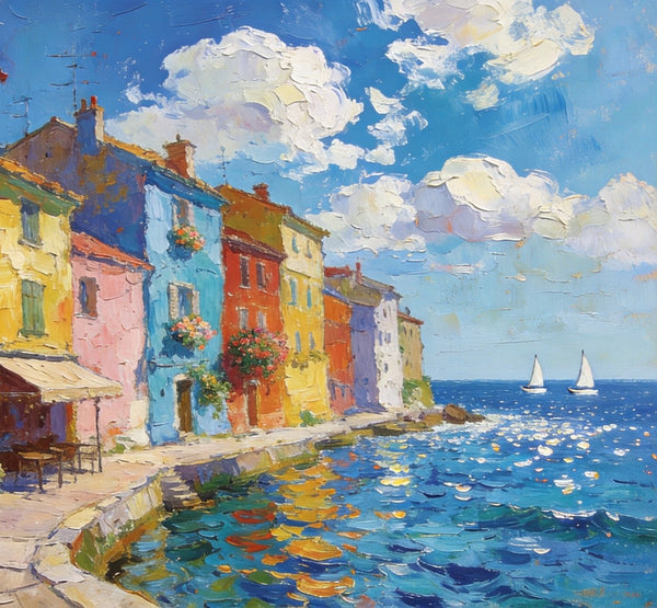 Canvas Paintings for Living Room, Coatal Town Beauty Spot, Hand Painted Canvas Art, BuyOil Paintings Online, Small Wall Art Paintings, Original Landscape Paintings-ArtWorkCrafts.com