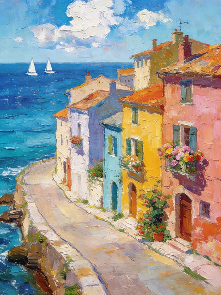 The Beauty of a Small Seaside Town, Original Landscape Art, Buy Original Paintings, Hand Painted Canvas Art, Small Paintings On Canvas, Heavy Texture Wall Art Paintings-ArtWorkCrafts.com