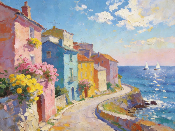 Original Landscape Paintings, Coastal Town Tranquility, Summer Resort Paintings, Hand Painted Canvas Art, Heavy Texture Artwork, Small Oil Paintings, Buy Painting Online-ArtWorkCrafts.com