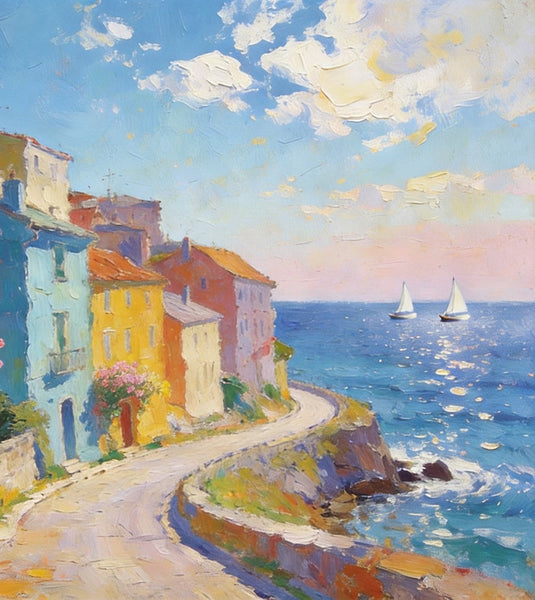 Original Landscape Paintings, Coastal Town Tranquility, Summer Resort Paintings, Hand Painted Canvas Art, Heavy Texture Artwork, Small Oil Paintings, Buy Painting Online-ArtWorkCrafts.com