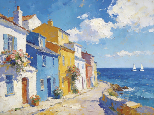 Heavy Texture Artwork, Seaside Town Serene Moment, Small Oil Paintings, Buy Painting Online, Original Landscape Paintings, Hand Painted Canvas Art-ArtWorkCrafts.com
