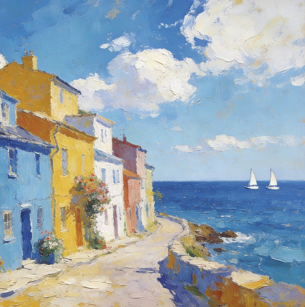 Heavy Texture Artwork, Seaside Town Serene Moment, Small Oil Paintings, Buy Painting Online, Original Landscape Paintings, Hand Painted Canvas Art-ArtWorkCrafts.com