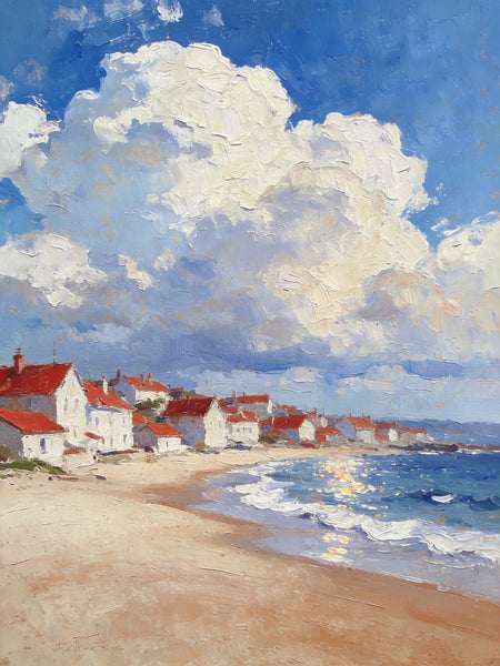Landscape Oil Paintings, Sandy Seaside Village, Canvas Paintings for Living Room, Small Original Paintings, Hand Painted Canvas Art-ArtWorkCrafts.com