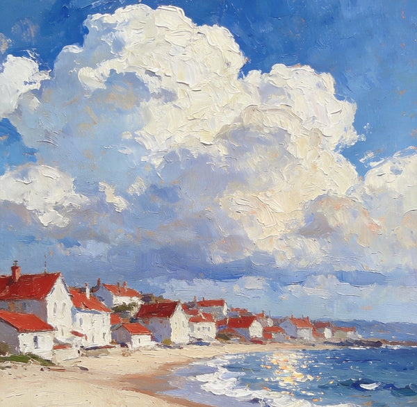 Landscape Oil Paintings, Sandy Seaside Village, Canvas Paintings for Living Room, Small Original Paintings, Hand Painted Canvas Art-ArtWorkCrafts.com