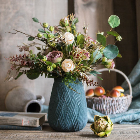 Eucalyptus leaves, Rose, Ranunculus Asiaticus Flowers, Beautiful Modern Flower Arrangement for Living Room, Ctreative Artificial Floral for Home Decoration-ArtWorkCrafts.com