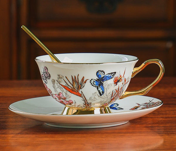 Ceramic Coffee Cups in Gift Box, Butterfly Pattern Porcelain Tea Cup and Saucer Set, British Afternoon Tea Cup and Saucer Set-ArtWorkCrafts.com