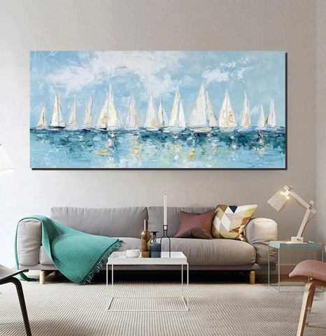 Large Wall Art Ideas for Living Room, Paintings for Living Room, Acrylic Painting on Canvas, Modern Paintings for Bedroom, Sail Boat Painting, Original Canvas Art-ArtWorkCrafts.com