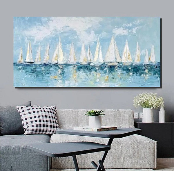 Large Wall Art Ideas for Living Room, Paintings for Living Room, Acrylic Painting on Canvas, Modern Paintings for Bedroom, Sail Boat Painting, Original Canvas Art-ArtWorkCrafts.com