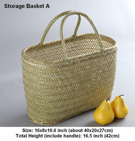 Lovely Bamboo Baskets for Vegetable, Natural Fruit Basket Kitchen Storage Baskets, Picnic Food Basket with Handle, Large Natural Hand-woven Bamboo Basket-ArtWorkCrafts.com