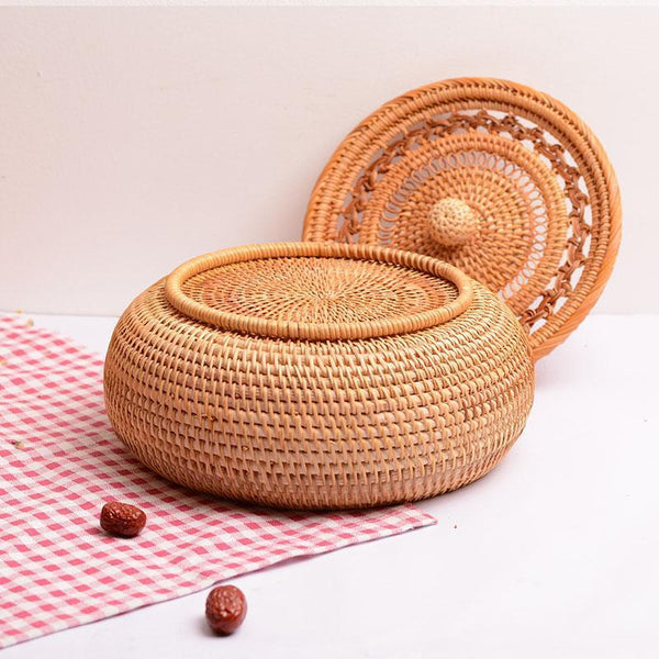 Woven Storage Basket with Lid, Lovely Rattan Round Storage Basket, Round Storage Basket for Kitchen-ArtWorkCrafts.com