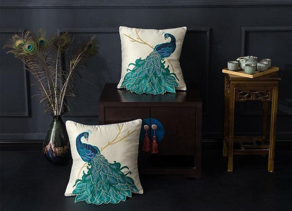Beautiful Decorative Throw Pillows, Embroider Peacock Cotton and linen Pillow Cover, Decorative Sofa Pillows, Decorative Pillows for Couch-ArtWorkCrafts.com