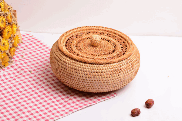 Woven Storage Basket with Lid, Lovely Rattan Round Storage Basket, Round Storage Basket for Kitchen-ArtWorkCrafts.com