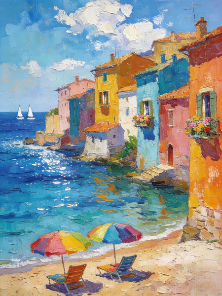 Buy Original Paintings, Seashore Town Harmony, Summer Resort, Original Landscape Art, Hand Painted Canvas Art, Small Paintings On Canvas, Heavy Texture Wall Art Paintings-ArtWorkCrafts.com
