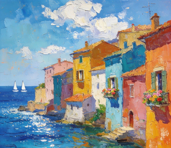 Buy Original Paintings, Seashore Town Harmony, Summer Resort, Original Landscape Art, Hand Painted Canvas Art, Small Paintings On Canvas, Heavy Texture Wall Art Paintings-ArtWorkCrafts.com