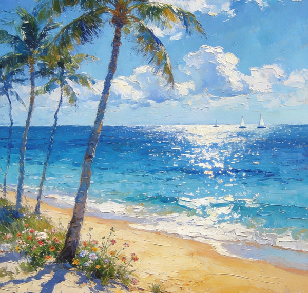 Heavy Texture Wall Art Paintings, Tropical Coastal Bliss, Beach Palm Tree Paintings, Hand Painted Canvas Art, Buy Paintings Online, Original Landscape Art, Small Paintings On Canvas-ArtWorkCrafts.com