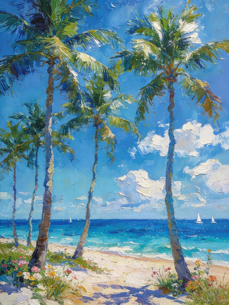 Beachside Haven, Palm Tree Seashore Paintings, Original Landscape Paintings, Canvas Paintings for Dining Room, Heavy Texture Artwork, Small Oil Paintings, Hand Painted Canvas Art-ArtWorkCrafts.com